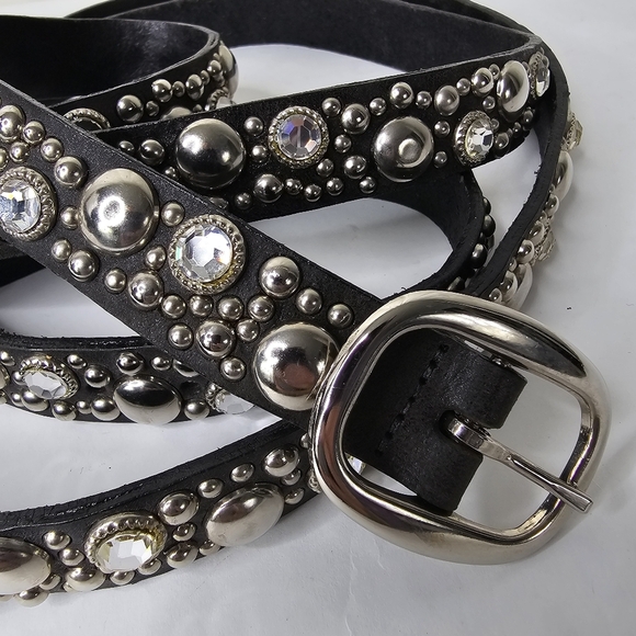 Streets Ahead Double Length Stud & Rhinestone Embellished Black Skinny Belt - Picture 2 of 6
